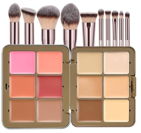 JasCherry Palette Makeup 12 Colori con Pennelli 10 Pezzi, Ombretti Pigmentati, Fard, Tecnologia Morbido e Anti-Caduta per Occhi e Viso