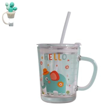 Taza de leche infantil con paja, Tazas para Niños Medición Taza de Leche Niños con Pajita Resistente al calor para jugo de leche para microondas vaso con pajita para niños,Elefante azul,350 ml (G)
