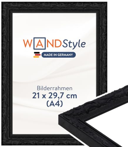 WANDStyle Bilderrahmen A4 Holz, DIN A4 Bilderrahmen Schwarz Vintage 30x21 | Hochwertiger Holzbilderrahmen Antik, Posterrahmen zum Aufhängen, Rahmen 21x30 cm, Fotorahmen H530 Made in Germany