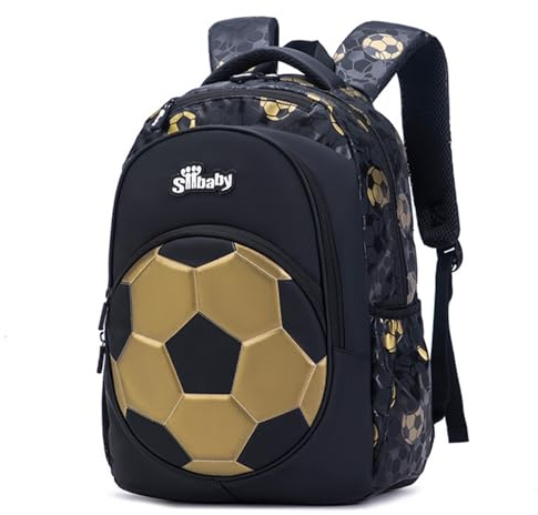 Kids Football School Bag for Boys, Laptop Backpack, Teenage Black Gold Causal Travel Children's Backpack, Lightweight Rucksack Water Resistant Oxford-Fabric Work Daypack, Fashion Backpack (Golden)