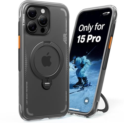 TORRAS Ostand Q3 Air für iPhone 15 Pro Hülle, Schwarz | mit echtem Airbags Doppelter Schutz (360° Magnetischer Robust Ständer) Matt Handyhülle mit Kamerasteuerung Taste