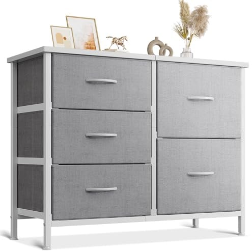 Coleshome Hellgrau Kommode mit 5 Stoffschubladen | Kommode Schlafzimmer, Holzplatte Robustem Stahlrahmen, Kommode Wohnzimmer, 76 x 29 x 60cm