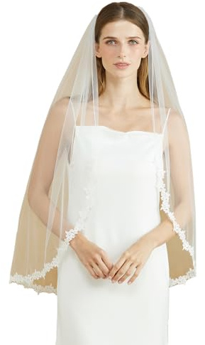 BEAUTELICATE Brautschleier Softtüll Schleier Braut Spitze Fingertip Einlagiger Schleier mit Metall Kamm für Hochzeit Jga, Ivory
