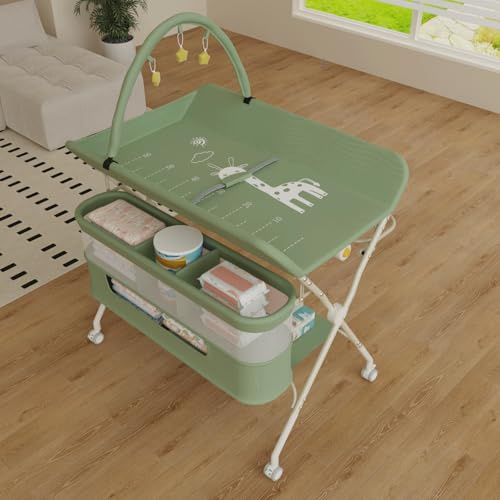 Wickeltisch, 3-in-1, Wickelkommode für Baby, von Geburt bis 12 Monate (bis 25 kg), Wickeltisch, faltbar, tragbar, Wickeltisch für Babys, mit 4 Rollen,75 x 68 x 83–91 cm (Schwarz) Grün