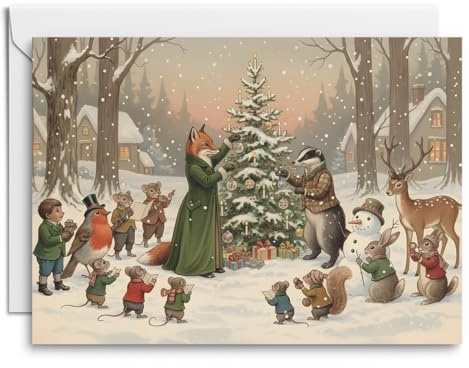 Historische Weihnachts-Klappkarten 4er-Set – zauberhafte Tier-Weihnacht mit Fuchs, Dachs & winterlicher Idylle