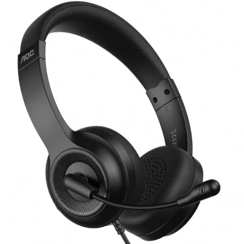 AOC USB Headset with Microphone, On-Ear Wired Headphones with Microphone, Noise-Cancelling, 40mm Audio Drivers, Headset for PC Computer Laptop Desktop Home Office Call Centers Teams Zoom (Dark Black) | Headsets for Computer Laptop Desktop Home Office Call Centers Teams Zoom, 40mm Audio Drivers