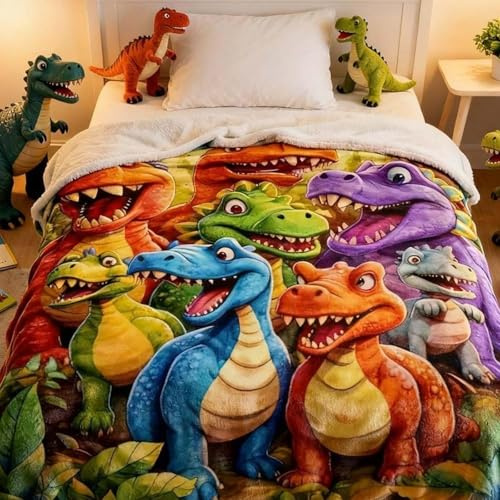 VUKHWX Dinosaurier Decke, Lustige Kuscheldecke mit Niedlichen, Lächelnden Dinosauriern, Niedliche Lächelnde Dinosaurier, HD Digitaldruck, Flanell, Ganzjahresdecke, wärmeregulierend (150X200cm)