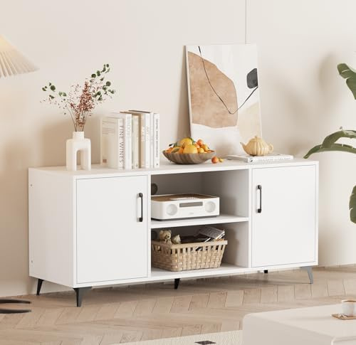 Menaka 120cm TV Stand Cabinet for Living Room Bedroom, Modern TV Unit Entertainment Centres with Storage Door and Shelves for 32 to 55inches TV (Pure White, 120 * 38 * 53cm)