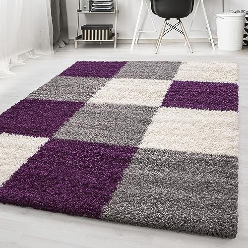 KADIMA DESIGN Langflorteppich Karomuster Klassisch Flauschig Gemütlich Waschbar Langlebig Strapazierfähig Violett 160x230 cm Schlafzimmer Wohnzimmer Oeko-TEX Fußbodenheizung geeignet | RHEIN
