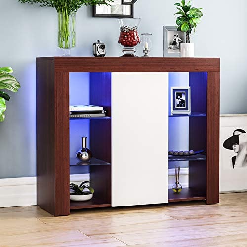 Vida Designs Aparador grande Azura moderno LED de 1 puerta en nogal y blanco, luces RGB (opciones de desvanecimiento/estroboscópico incluidas), estilo mate de madera con características de alto brillo