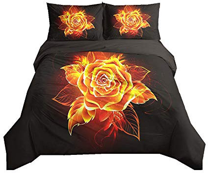 Duvet Cover Set Rose Flower 3D Digital Printing Romantic Floral Bedding Set Girl Woman Black Blue Gold Red Quilt Cover with Pillowcase, Microfiber (Orange, Double)