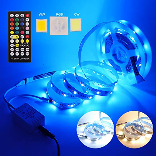XUNATA 5m RGB+CCT 5in1 5050 2835 LED Lichtband, WW und CW in einer LED, Flexibles Selbstklebend Dimmable LED Strip mit 40 Tasten Fernbedienung + EU Plug DC 12V Netzteil (Nicht wasserdicht IP21)