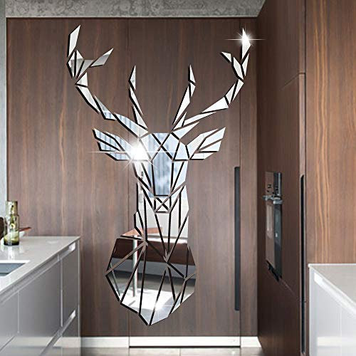 3D Spiegel Hirsch Wandtattoos Wandbilder Dreidimensionale Wandaufkleber Aufkleber DIY Deko Wandtattoo Wohnzimmer Schlafzimmer Tv Sofa Hintergrund Wandkunst Wandsticker (Silver,XL:103 * 170cm)