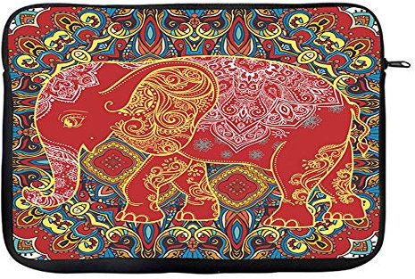 Traditional Retro Indian Elephant Oriental Ethnic Pattern Vintage Colourful Decorative Laptop Sleeve, Laptop Organiser, Laptop Case Office use Birthday Gift. (15)