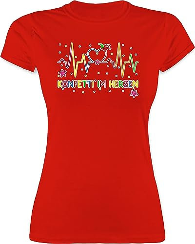 Shirt Damen - & Fasching - Konfetti im Herzen Herzschlag I Köln Karneval - XXL - Rot - faschingsshirt Faschings Tshirt Karnevals Regenbogenfarben Funshirts für Frauen fastnachtsshirts