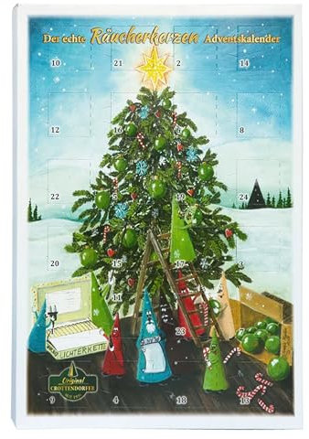 Crottendorfer Adventskalender - 24 Düfte - Hochformat (21x30cm) - Crottendorfer Räucherkerzen für Weihnachten - Räuchermännchen Zubehör - Mit Weihrauch, Myrrhe, Zimt, Vanille, Tanne - Made in Germany