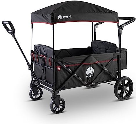 elvent® Allrounder City Bollerwagen - faltbar mit Dach | Sitzpolster, Hecktasche, Feststellbremse, 5-Punkt-Gurt I 2 Kinder (Schwarz)