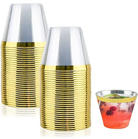 Lre Co. Lot de 60 gobelets en plastique, gobelet réutilisable 255 ml gobelet en plastique dessert pour fête mariage camping pique-nique (Transparent avec bordure dorée)