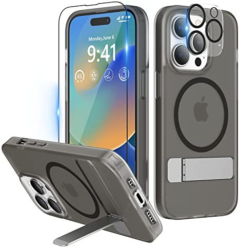 Niunisi Magnetic Case for iPhone 14 Pro Case 6.1-Inch (2022), Slim Kickstand with Screen Protector Compatible with Magsafe Shockproof Translucent Matte Cases Phone Case Cover, Black