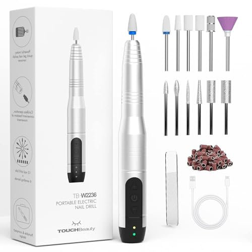 Elektrische Nagelfeile, TOUCHBeauty Elektrische Nagelfräser Kabellos, USB-Wiederaufladbares Elektrisches Pediküreset mit 3 Einstellbarer Geschwindigkeit, für Acryl Gele Kallus Entfernen