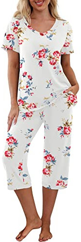 PrinStory Damen Schlafanzüge 2 Stück Nachtwäsche Kurzarm Schlafanzugoberteile Und Schlafanzughosen Hausanzug Freizeitanzug Blumendruck (Rose Weiß, S)