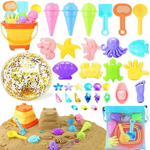39Pcs Beach Sand Toys For Kids, Bucket And Spade Beach Set Kids, Sandpit Toys With Beach Bucket, 16’’ Beach Ball, Ice Cream Toys For Kids, Gems, Beach Bag, Summer Indoor Outdoor Toys Toddlers Children
