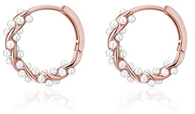 SLUYNZ Sterling Silver Pearls Twist Hoop Earrings for Women Teen Girls Wedding Pearls Hoop Earrings Bridal, Sterling Silver, Pearl, C-Rose Gold