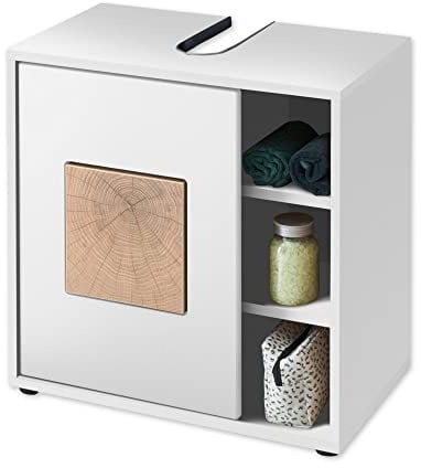 GREECE Badezimmer Waschbeckenunterschrank in Weiß mit Hirnholz-Applikationen - Bad Unterschrank Badezimmerschrank mit viel Stauraum - 60 x 60 x 35 cm (B/H/T)