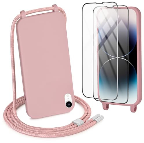 DiDaDi Handykette kompatibel mit iPhone XR Hülle,Handyband Necklace Hülle mit Band Handyhülle für zum Umhängen Silikon Case mit Schnur Schutzfolie und Kameraschutz in Dunkelrosa Gold