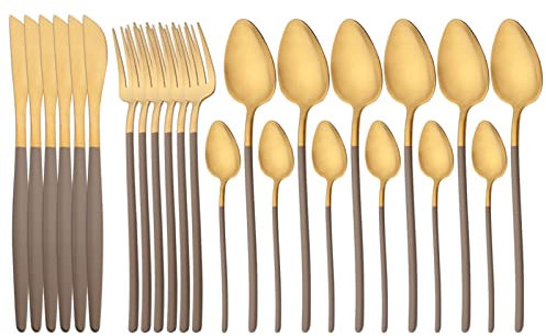 Uk_18_knife 24 pièces/ensemble de vaisselle en or mat ensemble de vaisselle en acier inoxydable 304 ensemble de couverts en or (Color : Brown Gold)