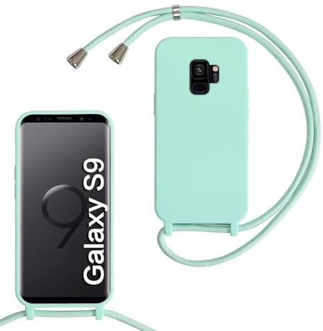 Coque pour Samsung Galaxy S9 avec Cordon, Collier pour Étui en Silicone Liquide avec Portable Sangle réglable Bandouilière Lanyard Colliers, Housse Anti-Choc Case Samsung Galaxy S9,Menthe Verte