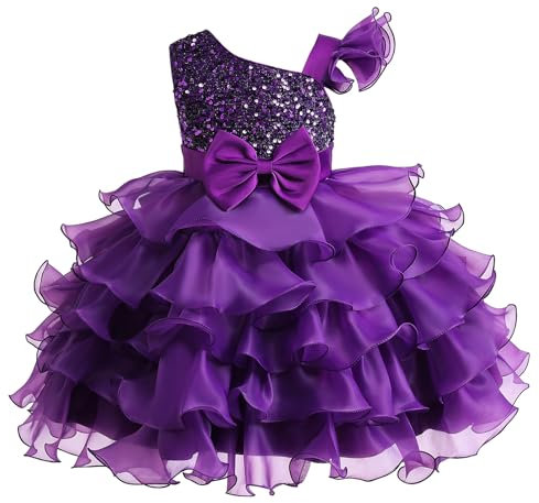 Miipat Ragazze Abito Una Spalla Paillettes Principessa Senza Maniche Vestito Bambine e Ragazza di Fiori Damigella d'Onore Tutu Abiti Bambini Festa Compleanno Matrimoni Viola 110 4-5 Anni