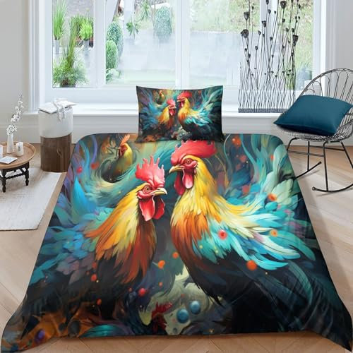 HOTGE Huhn Bettwäsche-Sets Bettbezug Mit Kissenbezüge,Tiere Bettwäsche Warm Mit Reißverschluss Geeignet Für Die Dekoration Von Kinderzimmern Für Jungen Und Mädchen Single(135x200cm)