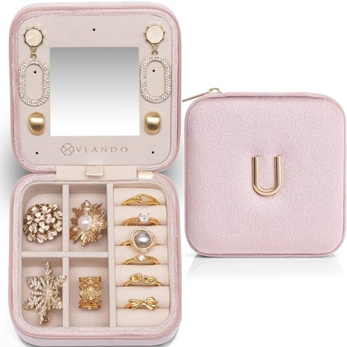 VLANDO Schmuckkästchen Reise, Schmuckkästchen klein für Damen, Personalisiert Schmuck Organizer Samt von A bis Z, Personalisierte Geschenke, Schmuckaufbewahrung Reise mit Spiegel, Geschenk für Frauen
