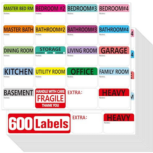 600 STK. Umzugsetiketten für Zuhause, Aufkleber für Umzugskartons mit 20 Designs zur farblichen Kennzeichnung und beschriftbaren Notizflächen (jeweils 5cm x 7.6cm)