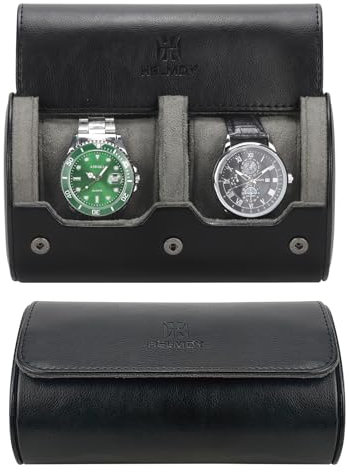 HELMDY Reise-Uhrenetui – Aufbewahrungsbox für zwei Uhren, Organizer für Armbanduhren und Smartwatches bis zu 50 mm (Schwarz/2 Steckplätze)