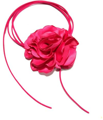Flongo Collier Ras de Cou Femme: Collier Femme Ras-du-cou en Tissu Fleur Rose Bonbon Fantaisie Choker Elégants Français avec Corde 150cm - Cadeau Anniversaire St Valentin