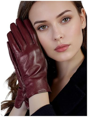 GSG SINCE 1998 Touchscreen Lederhandschuhe Damen – Chromfreies Schaffell, warm gefüttert mit Wolle, Ideal zum Autofahren im Winter Burgund S
