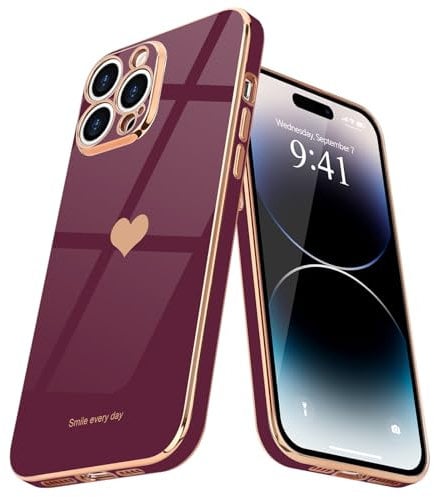 Teageo for iPhone 14 Pro Max Case Cute Heart Pattern for Women Girls Slim Luxury Bling Plating Soft TPU Anti-Scratch Shockproof Bumper Phone Case for iPhone 14 Pro Max, Wine red