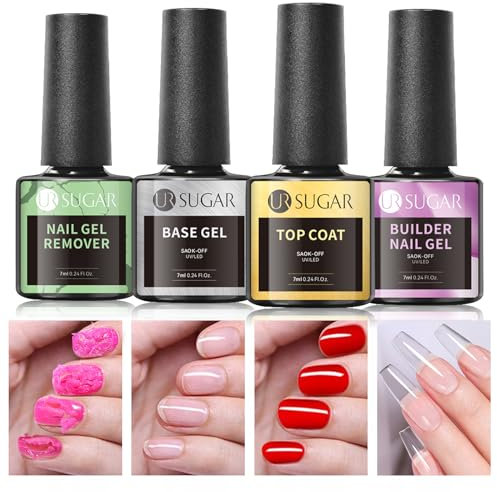 UR SUGAR Top Base Coat Gel UV, UV Nagellackentferner Quick Remover Gel und 7ML Extension Builder Gels Nagelset 4 Flaschen für Nail Art