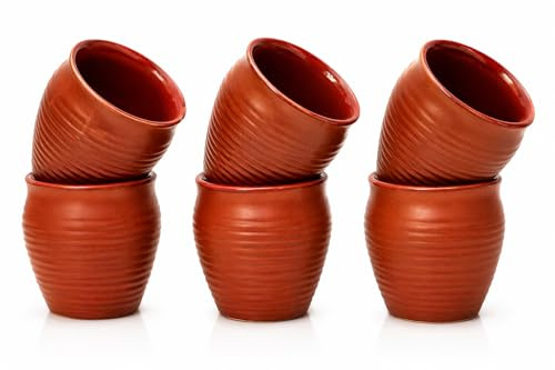 Handmade Terracotta Kulhad Kulhar Chai Tea & Coffee Cup Set of 6 Food Safe | 150 ml each, ideal for hot & cold drinks - glazed, non-toxic, rustic & eco friendly mugs & cantaritos, good heat retention