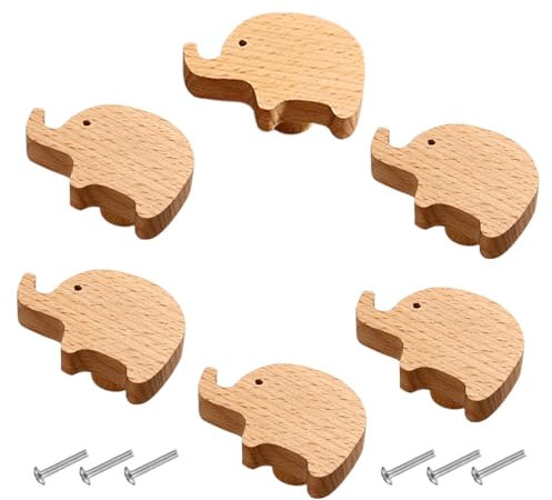 6 Stück Holz Tier Schrankknöpfe, Holzknäufe mit Tiermotiven, Holzgriffe für Schränke, Tierform Möbelknöpfe Kinder mit Schrauben, Knauf für Kinderschrank, Möbelknopf für Schubladen, Kommode, Elefant