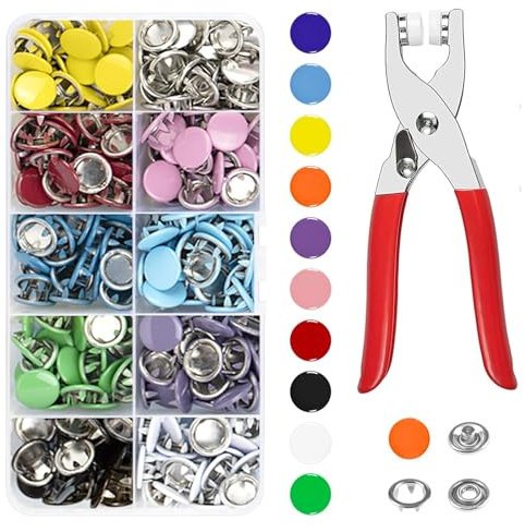Snap Button Fastener Kit, 100 Sets Metal Poppers Fasteners with Pressure Pliers, Poppers Press Studs Snap Fasteners No Sewing, Snap Button Kit for DIY Clothing, Bags, Handmade (10 Colors, 9.5mm)