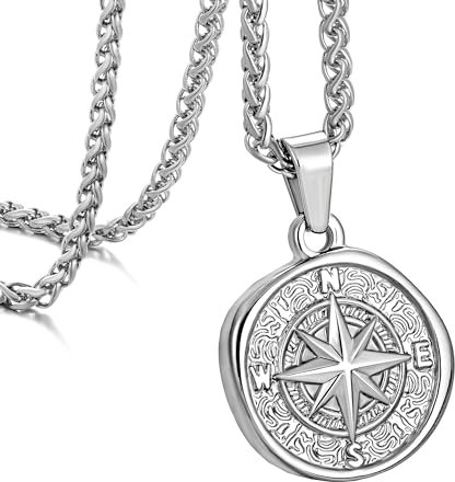 murtoo kette herren, halskette kette, silberkette herren, kompass kette, kompass anhänger, edelstahl kette, anhänger kette, geschenk herren (Silber, Weizenkette)