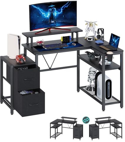 HEEYUE Computer desk, L-shaped Gaming Desk with Large Monitor Stand,Corner Desk with 2-Layer Storage Shelves,2 Fabric Drawers,Cup Holder for Home Office Black Carbon Fiber
