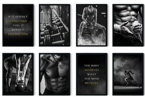 MJ-GRAPHICS® - Bilder Fitness, Wandbilder Gym, Wandbild Fitnessstudio 8xA4 Bodybuilder Poster Trainingswand Bilder Motivation, Trainingsposter Fitnessstudios Homegym BilderTrainingsraum ohne Rahmen