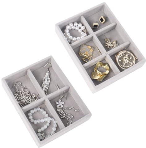 Nwvuop 2 Pack Earring Storage Tray, 6-Compartment and 4 Compartment Stackable Jewellery Trays for Drawer Jewellery Storage Display 4.92× 3.74× 1 inches(Grey)