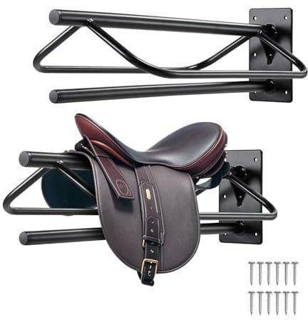VEVOR Saddle Rack with Pad Bar, 23.8 x 12.6 x 10.2 in, 2 Packs Wall Mounted Saddle Stand, Heavy-Duty Steel Saddle Holder, Western & English Saddle Rack for Horse Stall, Barn, Trailer, Tack Room