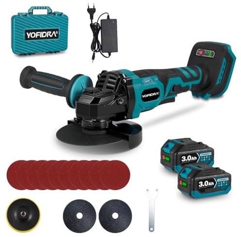 Yofidra Cordless Angle Grinder with Battery(2 x 3.0Ah) - 125mm Grinder Cutter Machine, Brushless Angle Grinder, 3-Speed with 3 Cutting Discs, 10 Grinding Discs