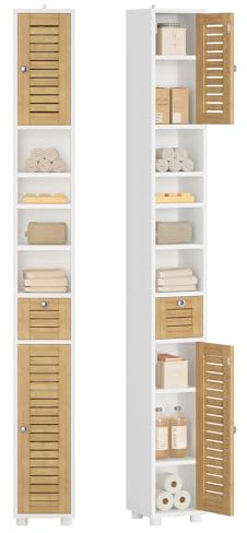 FORABAMB Meuble Colonne Salle de Bain, Meuble de Rangement avec 4 étagères ouvertes, 2 Portes en Bambou,1 Tiroir,Meuble Haut avec Étagères Réglables,Armoire de Toilette pour Salon, Cuisine,22x20x180cm